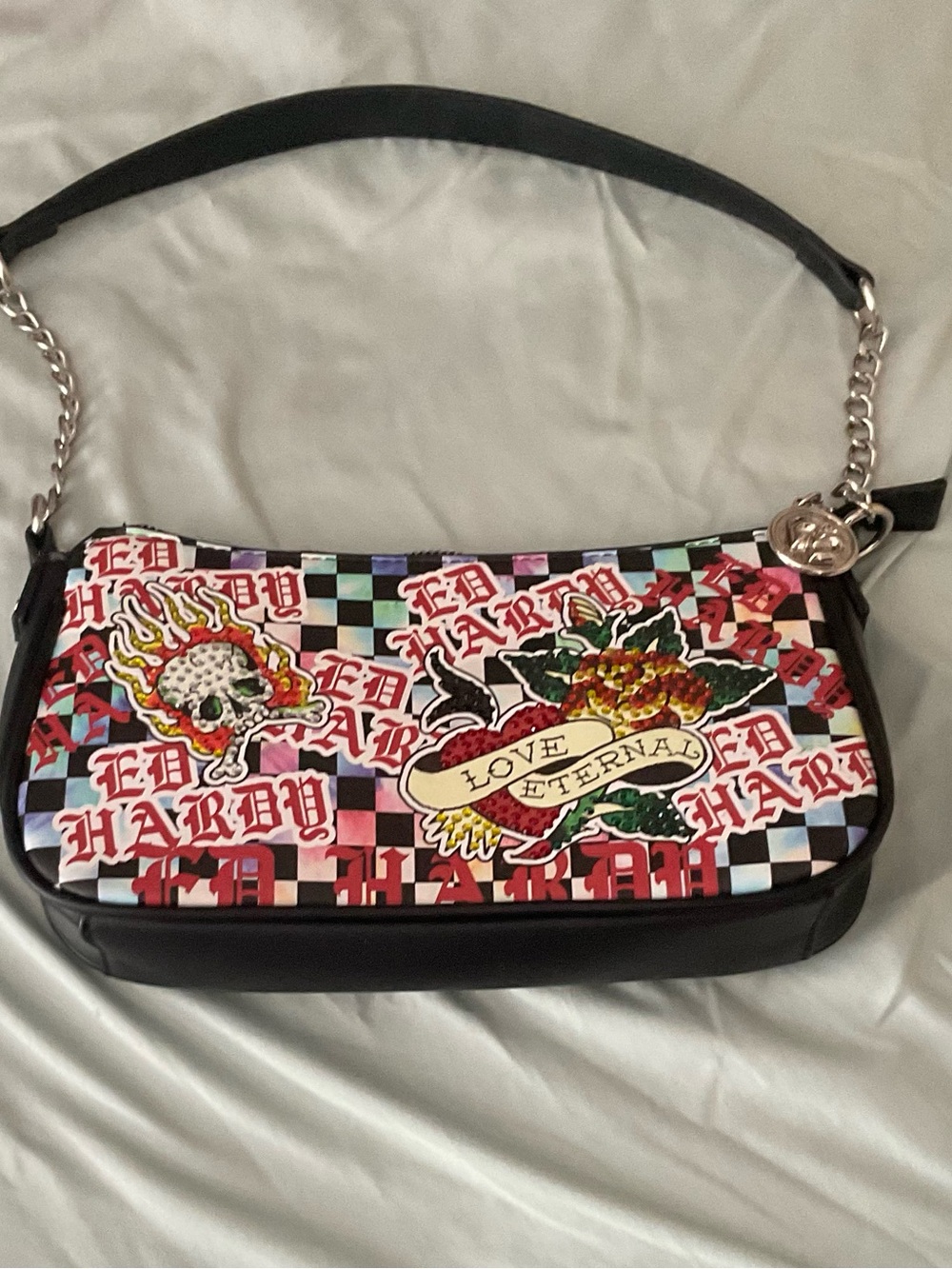 Ed Hardy Black Multicolor Tattoo-Print Shoulder Bag with Chain Accent